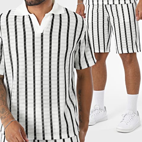Fusional - Conjunto Polo Manga Corta Y Pantalón Corto A Rayas L35 Blanco Negro