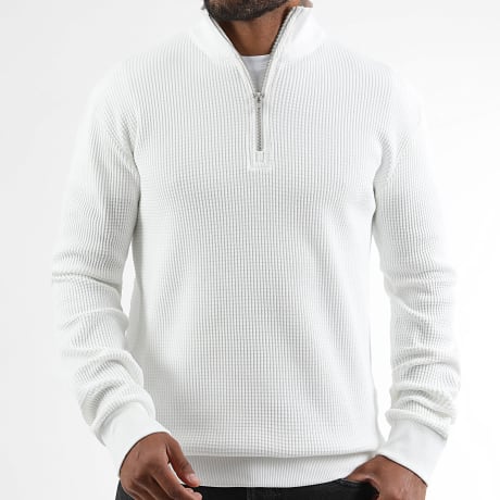 LBO - Pull Col Zippé Maille Waffle 4249 Blanc