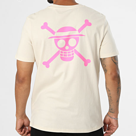 One Piece - Tee Shirt Oversize Mugiwara Back Beige Rose Fluo