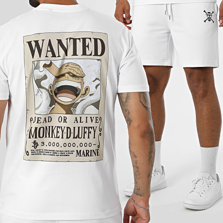 One Piece - Conjunto camiseta y pantalón corto de chándal Luffy Wanted blanco