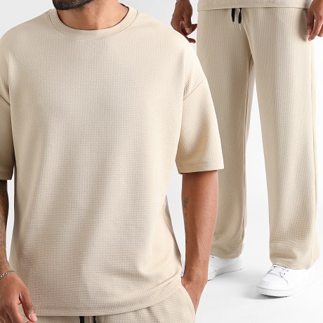 LBO - Conjunto Camiseta Y Pantalón Ancho Texturizado Waffle 2836 Beige