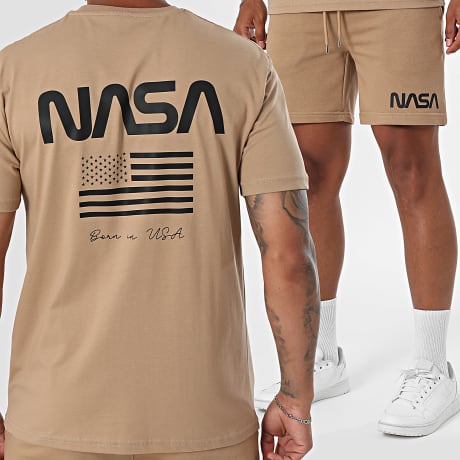 NASA - Conjunto Camiseta y Pantalón Corto de chándal Flag Born In USA Camel Negro
