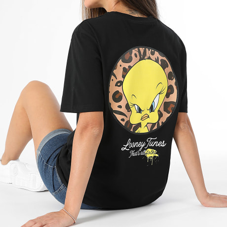 Looney Tunes - Camiseta Oversize Mujer Tweety Círculo Leopardo Negro