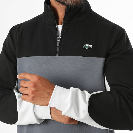 Lacoste - Sweat Col Zippé Logo Crocodile Noir Gris Anthracite Gris Clair