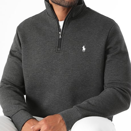Polo Ralph Lauren - Sweat Col Zippé Original Player Gris Anthracite Chiné Blanc