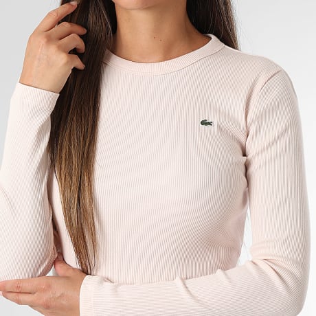 Lacoste - Camiseta de manga larga Slim Mujer Rib Logo Bordado Cocodrilo Rosa Claro