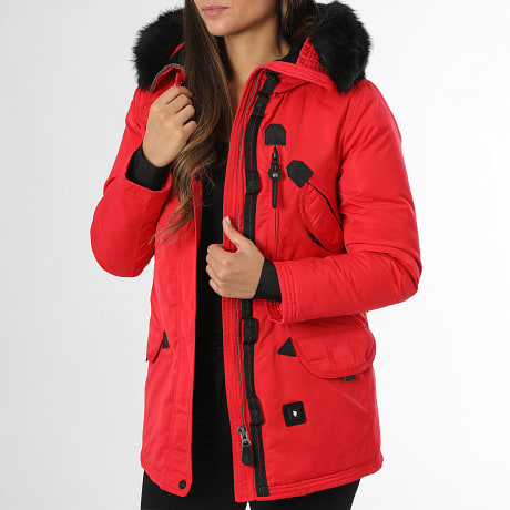 Comme Des Loups - Parka Chauffante Femme Fourrure Montreal Rouge Noir