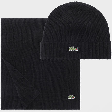 Lacoste - Pack de Gorro y Bufanda Logo Bordado Cocodrilo Negro