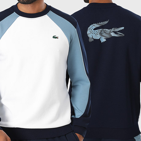 Lacoste - Sweat Crewneck Regular Fit Logo Crocodile Blanc Bleu Marine