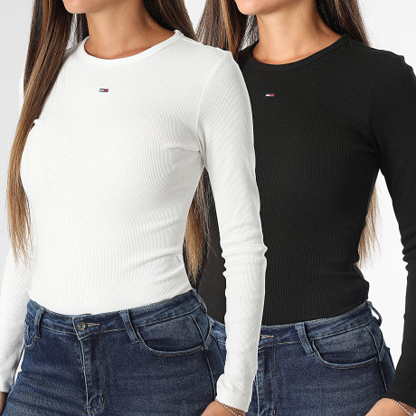 Tommy Jeans - Pack de 2 Camisetas Mujer Manga Larga Rib Slim Essential 7716 Blanco Negro