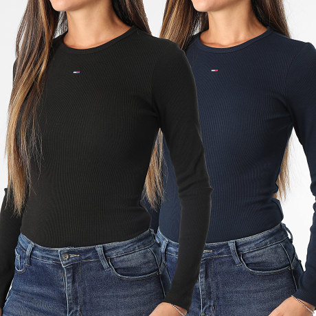Tommy Jeans - Pack de 2 Camisetas Mujer Manga Larga Rib Slim Essential 7716 Azul Marino Negro