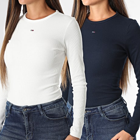 Tommy Jeans - Pack de 2 Camisetas Manga Larga Rib Slim Mujer Essential 7716 Blanco Azul Marino