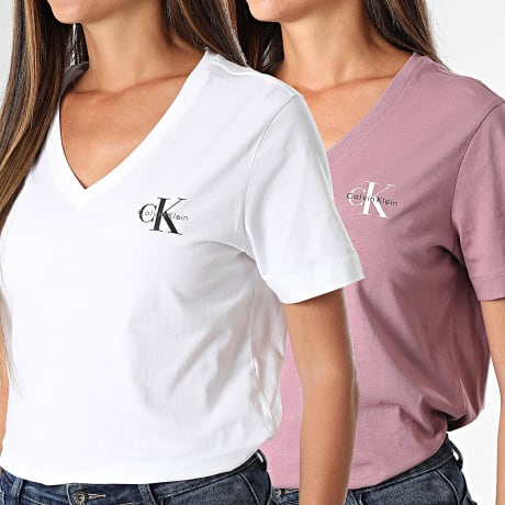 Calvin Klein - Set aus 2 V-Ausschnitt T-Shirts Damen 7C906 Weiß Violett