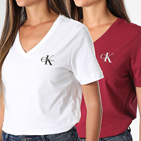 Calvin Klein - Lot De 2 Tee Shirts Col V Femme 7C906 Blanc Bordeaux