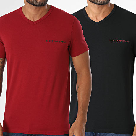 Emporio Armani - Pack de 2 Camisetas con cuello en V EM000392-AF25019 Negro Rojo Oscuro
