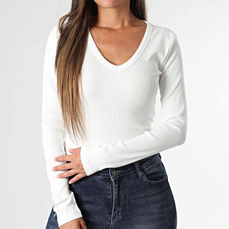 Classic Series - T-Shirt Maniche Lunghe Collo V Donna Chloe Bianco