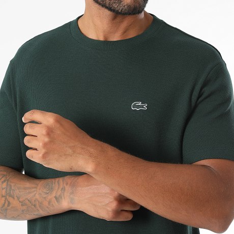 Lacoste - T-Shirt Waffel gesticktes Krokodil-Logo Ton in Ton Dunkelgrün