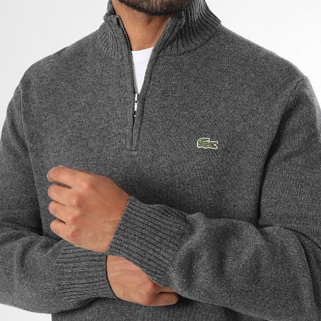 Lacoste - Pull Col Zippé Logo Brodé Crocodile Gris Anthracite Chiné
