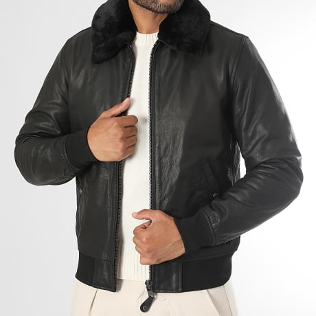 Schott NYC - Chaqueta de Cuero Cuello de Piel LC930DOXD Negro
