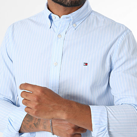 Tommy Hilfiger - Camisa Manga Larga Regular Fit A Rayas Hairline 4571 Azul Claro Blanco