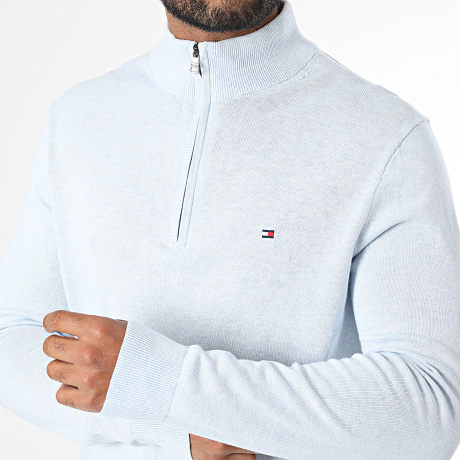 Tommy Hilfiger - Pull Col Zippé Essential Cotton 7331 Bleu Clair Chiné