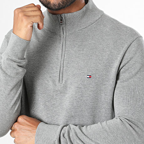 Tommy Hilfiger - Pull Col Zippé Essential Cotton 7331 Gris Chiné
