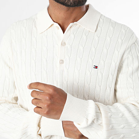 Tommy Hilfiger - Pull Col Boutonné Classic Cotton Cable Polo 1955 Beige Clair