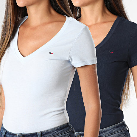 Tommy Jeans - Pack de 2 Camisetas Slim Cuello V Mujer 1367 Azul Claro Azul Marino