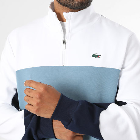 Lacoste - Sweat Col Zippé Logo Crocodile Bleu Clair Blanc Bleu Marine