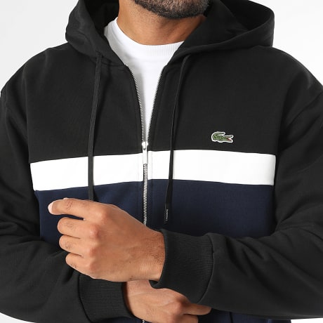 Lacoste - Sweat Capuche Zippé Logo Brodé Crocodile Bleu Marine Noir Blanc