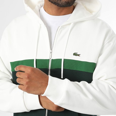 Lacoste - Sweat Capuche Zippé Logo Brodé Crocodile Vert Foncé Blanc Vert