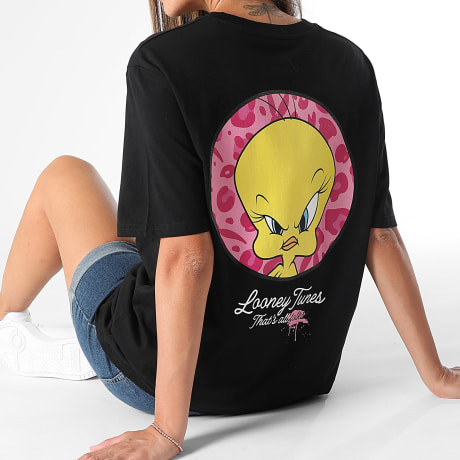 Looney Tunes - Camiseta Oversize Mujer Tweety Leopardo Rosa Negro