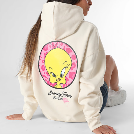 Looney Tunes - Camisola com Capuz Relaxed Mulher Tweety Leopard Rosa Bege Mesclado