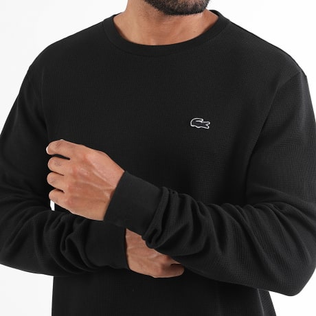 Lacoste - T-Shirt Langarm Waffle Logo Gesticktes Krokodil Schwarz