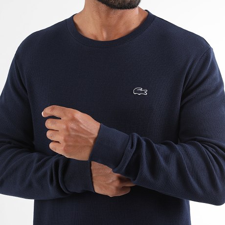 Lacoste - Camiseta de Manga Larga Waffle Logo Bordado Cocodrilo Azul Marino