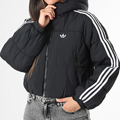 Adidas Originals - Daunenjacke mit Kapuze Reißverschluss Streifen Damen Crop HD KG6673 Schwarz