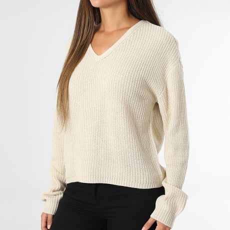 Only - Pull Col V Femme Evie Beige