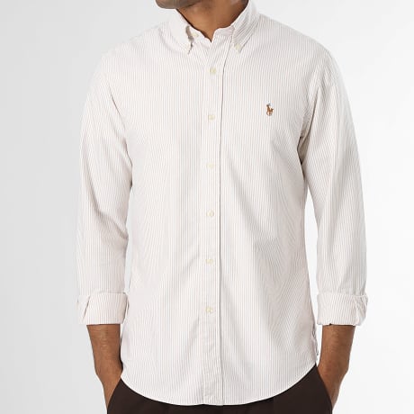 Polo Ralph Lauren - Chemise Manches Longues A Rayures Custom Fit Oxford Beige Blanc