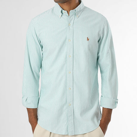 Polo Ralph Lauren - Chemise Manches Longues A Rayures Custom Fit Oxford Vert Blanc