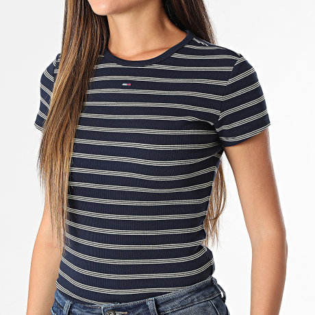 Tommy Jeans - Camiseta de Rayas Slim Mujer Essential 7383 Azul Marino