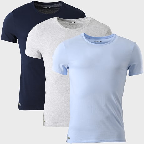 Lacoste - Pack van 3 T-Shirts Slim Fit Logo Geborduurd Krokodil Grijs Gemêleerd Lichtblauw Marineblauw