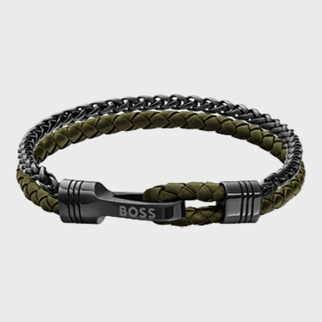 BOSS - Pulseira Trançada Jaxon 1580893 Verde Cáqui Prateado