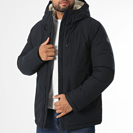 Kymaxx - Parka Zippée A Capuche Intérieur Sherpa Bleu Marine Foncé