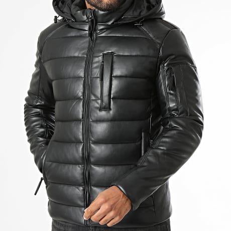 Kymaxx - Plumífero Capucha Simili Cuero Zippé Negro