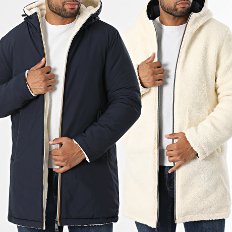 Kymaxx - Parka Longue Réversible A Capuche Bleu Marine Beige