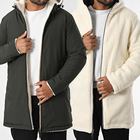 Kymaxx - Parka Longue Réversible A Capuche Vert Kaki Beige