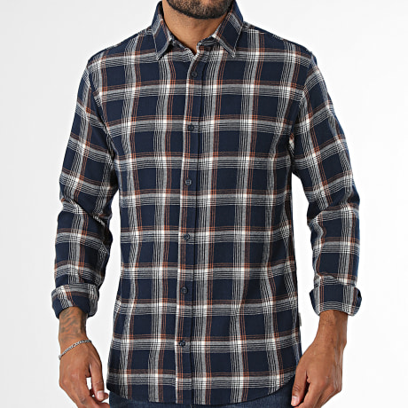 JJ Rebel - Chemise Manches Longues A Carreaux Blane Bleu Marine Beige