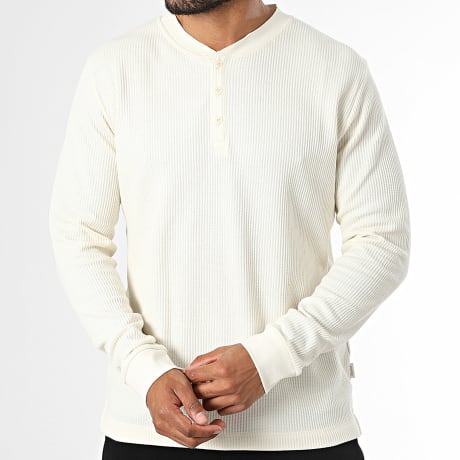 Jack And Jones - T-Shirt Lange Mouwen Gestructureerd Gebuttonneerd Hals Chamberi Henley Beige