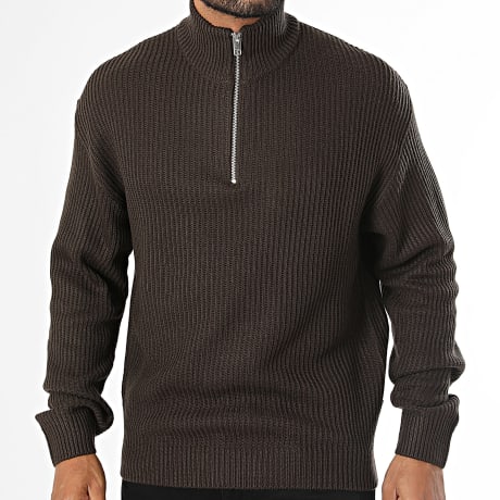 JJ Rebel - Pull Col Zippé En Maille Logan Marron