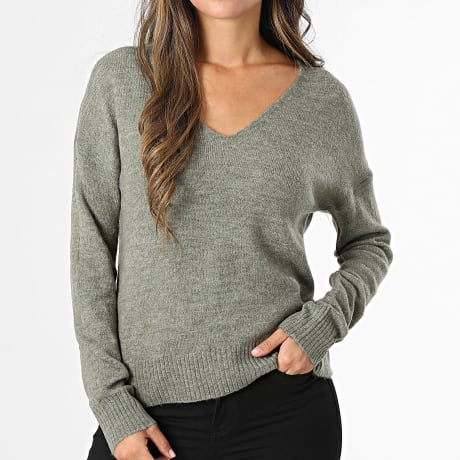 Only - Pull Col V Femme Elanora Vert Kaki Chiné